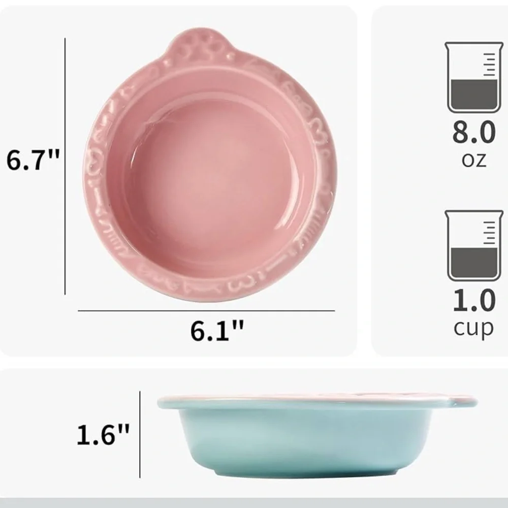 AQUAINNO Ceramic Cat Bowl Shallow Food Dish Pink and Blue New